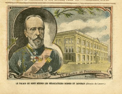 Le Pelerin中Achille Lemot (1846-1909)的插图，20/08/05 - 俄国和日本谈判者重聚的宫殿 - 俄国, 日本, 日俄战争, 朴茨茅斯 - Witte Serge (1849-1915) 作者 阿基里·莱莫特（Achille Lemot）