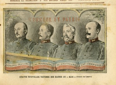 2004年11月20日《Le Pelerin》中关于阿奇尔-莱莫特（1846-1909）的插图--集团仇恨的四个新受害者--Armee, Affaire des fiche, Patriotisme--Rollin上校，Mareschal上尉，Dautriche, Francois上尉 作者 阿基里·莱莫特（Achille Lemot）