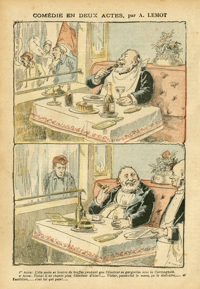 2004年5月22日《Le Pelerin》杂志上的Achille Lemot（1846-1909）的插图--两幕喜剧--餐厅咖啡，烹饪美食，社会主义--咖啡男孩，松露--脂肪/瘦肉 作者 阿基里·莱莫特（Achille Lemot）