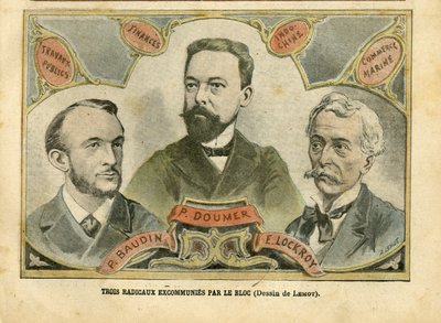 2004年10月23日《Le Pelerin》中的Achille Lemot（1846-1909）的插图--三个激进分子被集团逐出教会--财政预算、共和国总统、Maritime Nautique Balneaire、左派集团、Indochine、公共工程--Doumer Paul（1857-1932）。 作者 阿基里·莱莫特（Achille Lemot）