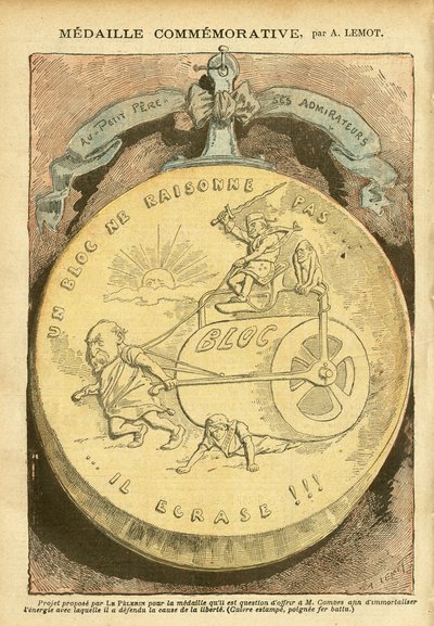 2005年2月26日，《Le Pelerin》杂志刊登了Achille Lemot（1846-1909）的插图--Medaille纪念版--反执政自由主义，Faffaire des fiche，Bloc des gauche--Combes Emile（1835-1921），Marianne--砂锅。 作者 阿基里·莱莫特（Achille Lemot）