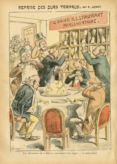 2007年10月27日，《Le Pelerin》上的Achille Lemot（1846-1909）的插图--恢复艰苦的工作--反议会主义、餐厅咖啡、议员会议厅的自行车、左派集团、Plate au beurre--议员--食物的变形。 作者 阿基里·莱莫特（Achille Lemot）