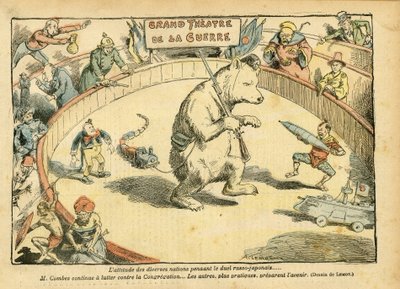 Achille Lemot (1846-1909)在Le Pelerin的插图，28/02/04 - 各国的态度...- 俄罗斯，日俄战争 - Combes Emile, 熊，公平的熊 - 动物化，狂欢/游戏/马戏团 作者 阿基里·莱莫特（Achille Lemot）