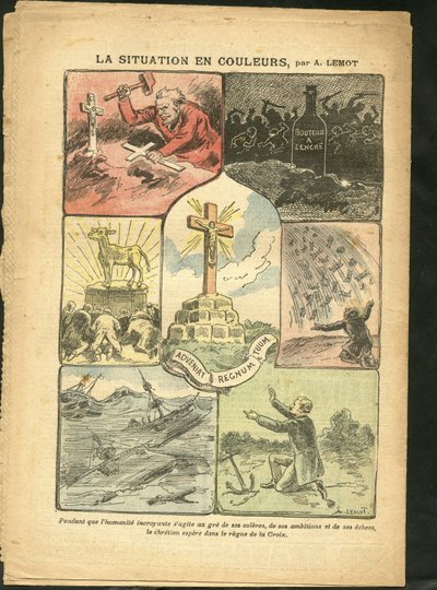 在Le Pelerin的Achille Lemot（1846-1909）的插图，28/02/09 - 彩色的情况 - 宗教信仰, 海上海洋海滨, 无神论, 事故灾难, 自然灾害, 基督教十字架, 天主教会 - 金牛座 作者 阿基里·莱莫特（Achille Lemot）