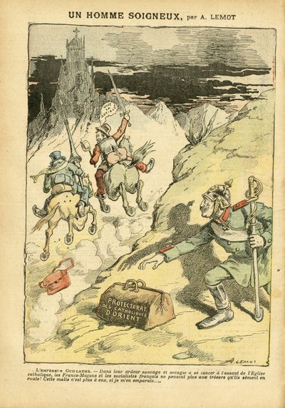 Le Pelerin杂志中Achille Lemot（1846-1909）的插图，28/05/05 - 一个小心翼翼的人 - 反教会主义, 社会, 殖民主义 殖民主义, 法国-马克思主义, 东方, 宗教信仰, 左翼集团, 社会主义, 东方天主教的保护国, 天主教的猫 作者 阿基里·莱莫特（Achille Lemot）