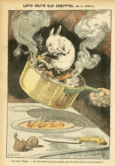 2005年1月29日《Le Pelerin》中Achille Lemot（1846-1909）的插图--兔子与胡萝卜 - Affaire des fiche, Gastronomie cuisine - Combes Emile（1835-1921）, Rabbit - Saucepan - Food metaphor, Animalisation 作者 阿基里·莱莫特（Achille Lemot）