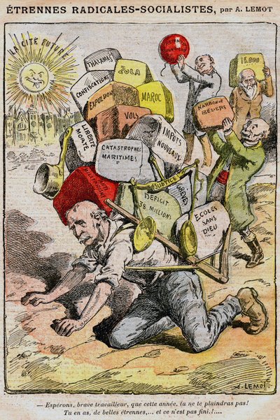 激进社会主义者（社会主义激进派）：Achille Lemot（1846-1909）在《Le Pelerin》（1909）上的漫画--一个工人在政府和乔治-克莱蒙梭管理不善造成的税款、税收和不便的负担下崩溃了--罢工、d 作者 阿基里·莱莫特（Achille Lemot）