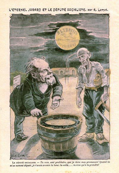 社会主义代表向贫穷的无产者（木匠）承诺月亮（退休），载于《Le Pelerin》，天主教周刊N°1391，1903年8月30日，A. Lemot（绘图）。 作者 阿基里·莱莫特（Achille Lemot）