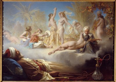 信徒的梦 一个穆斯林在吸完东方舞者的梦后睡着了。 Achilles Zo (1826-1901) 19 世纪太阳的绘画。 1,04x1,58 m 巴约讷，博纳博物馆 作者 阿基里·佐（Achille Zo）