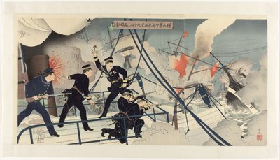 海军司令部首脑 Kabayama 驾驶 Seikyô Maru 号攻击敌舰
Kabayama gunreibuchô Seikyô Maru o motte tekikan ni ataru（物体上的标题） 作者 福田熊次郎