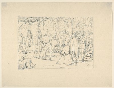 石墙-杰克逊营地的祈祷，来自1861-63年南军战争蚀刻画。 作者 阿达尔伯特·约翰·沃尔克