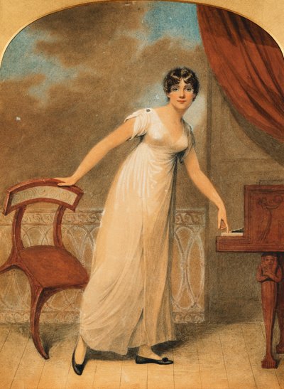 一位女士的画像，全长身着钢琴，身穿白色连衣裙，1801年 作者 亚当·巴克