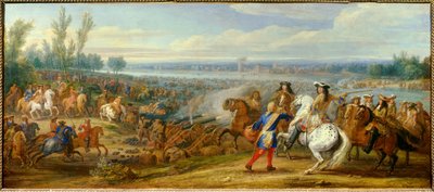 荷兰战争：“1672 年 6 月 12 日莱茵河的通过”” 国王路易十四（1638-1715）和波旁的路易二世的军队，孔德亲王（Bourbon-Conde）（Grand Conde）（1621- 1686）通过莱茵河到Tolhuis。 Adam Frans van der Meulen (1632-1690) 的绘画 作者 亚当·弗兰斯·范·德·穆伦