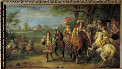 1669 年，国王路易十四 (1638-1715) 和奥地利王后玛丽-特蕾莎 (1638-1683) 在万森城堡前散步。亚当·弗兰斯·范德梅伦 (Adam Frans Van der Meulen) 的绘画 (1632-1690) 作者 亚当·弗兰斯·范·德·穆伦