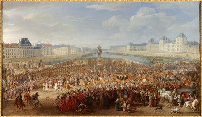 国王路易十四 (1638-1715) 乘坐马车穿过新桥 亚当·范德梅伦 (Adam Van der Meulen) 的绘画 (1632-1690) 作者 亚当·弗兰斯·范·德·穆伦