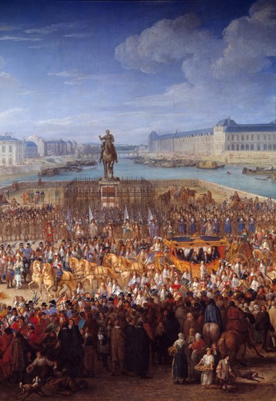 皇家马车。 路易十四（1638-1715）乘坐马车穿越新桥的中央细节。 Adam Francois Van Der Meulen (1632-1690) 的绘画 作者 亚当·弗兰斯·范·德·穆伦