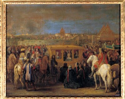 1667 年 8 月 23 日，国王路易十四 (1638-1715) 和奥地利王后玛丽·特蕾莎 (Marie-Therese) 庄严进入杜埃（乘坐马车的女王作为宗主接受了这座城市的丁金斯的贡品）亚当·弗兰斯·范 (Adam Frans Van) 的绘画 der Meulen (1632-1690)。 关于 1667 作者 亚当·弗兰斯·范·德·穆伦