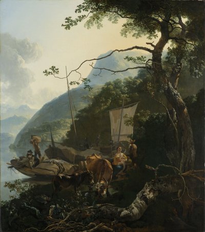 船员停泊在意大利湖的岸边，1650-70 作者 亚当·皮纳克（Adam Pynacker）