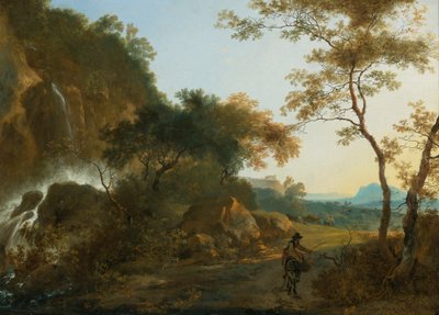意大利式风景，瀑布边的小路上有一位旅行者 作者 亚当·皮纳克（Adam Pynacker）