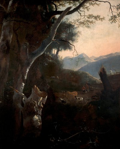 与农民，牛和山羊的山地景观 作者 亚当·皮纳克（Adam Pynacker）