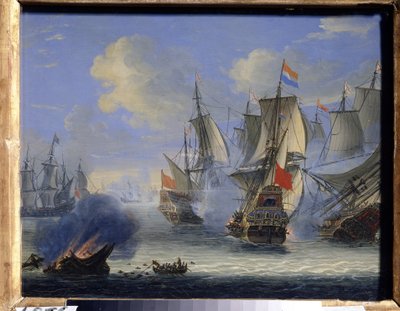 一场海战。亚当-西洛（1674-1757 年）的画作。布面油画，25 x 33.5 厘米。 荷兰艺术，巴洛克艺术。国家艺术博物馆，图拉（或托兰）。 作者 亚当·西洛