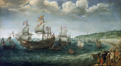 4 月 25 日，普法尔茨选帝侯维特尔斯巴赫的腓特烈一世（1596-1632 年）（后成为波希米亚国王）乘坐 "皇家王子 "号轮船在英国多佛尔登船。 作者 亚当·威拉特斯