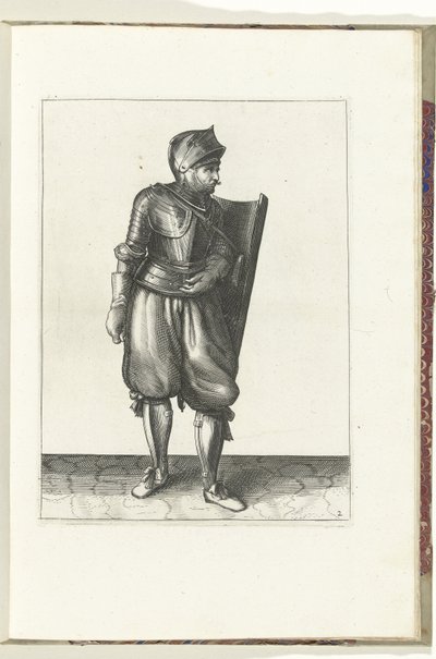 使用长矛和剑的练习：士兵从背后将长矛举过左肩（第 2 号），1618 年
De Nassausche Wapen-Handelinge, van Schilt, Spies, Rappier ende Targe : beyde figuerlick afgebebeelt, ende gestelt na de neuwe ordening [van] (... 作者 亚当·范·布雷恩