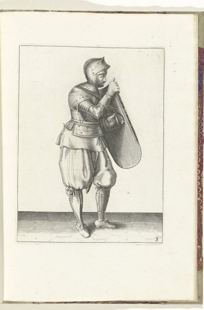 矛与剑的练习：士兵右手持矛，左手抓腰带（第 3 号），1618 年
De Nassausche Wapen-Handelinge, van Schilt, Spies, Rappier ende Targe : beyde figuerlick afgebebeelt, ende gestelt na de 作者 亚当·范·布雷恩