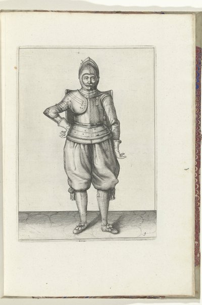 使用长矛和剑的练习：背着长矛休息的士兵（第 1 号），1618 年
De Nassausche Wapen-Handelinge, van Schilt, Spies, Rappier ende Targe : beyde figuerlick afgebebeelt, ende gestelt na de neuwe ordening [van] (...) Maurits van Nassa 作者 亚当·范·布雷恩