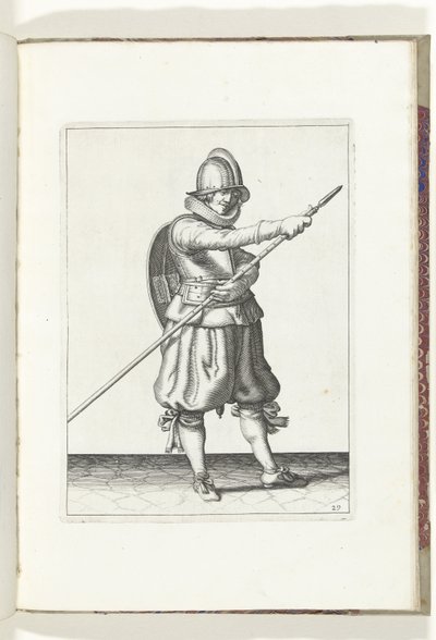 盾与矛的练习：士兵用双手将矛拉回原位（第 29 号），1618 年
De Nassausche Wapen-Handelinge, van Schilt, Spies, Rappier ende Targe : beyde figuerlick afgebebeelt, ende gestelt na de neuwe ordening [van] (...) Ma 作者 亚当·范·布雷恩