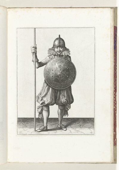 盾与矛的练习：士兵分三次将矛归位，第三乐章（第 12 号），1618 年
De Nassausche Wapen-Handelinge, van Schilt, Spies, Rappier ende Targe : beyde figuerlick afgebebeelt, ende gestelt na de 作者 亚当·范·布雷恩