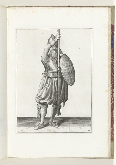 盾与矛的练习：士兵分三次将矛归位，第二乐章（第 11 号），1618 年
De Nassausche Wapen-Handelinge, van Schilt, Spies, Rappier ende Targe : beyde figuerlick afgebebeelt, ende gestelt na de 作者 亚当·范·布雷恩