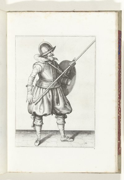 盾与矛的练习：士兵分三次将矛归位，第一乐章（第 10 号），1618 年
De Nassausche Wapen-Handelinge, van Schilt, Spies, Rappier ende Targe : beyde figuerlick afgebebeelt, ende gestelt na de 作者 亚当·范·布雷恩