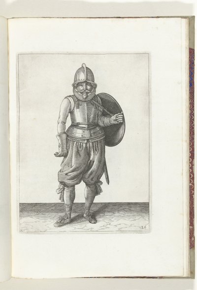 使用盾牌和长矛的练习：士兵用左臂将盾牌收回背上（编号 26），1618 年
De Nassausche Wapen-Handelinge, van Schilt, Spies, Rappier ende Targe : beyde figuerlick afgebebeelt, ende gestelt na de neuwe ordening [van] (... 作者 无名氏