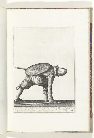 盾与矛的练习：士兵弯腰拾起长矛（第 28 号），1618 年
De Nassausche Wapen-Handelinge, van Schilt, Spies, Rappier ende Targe : beyde figuerlick afgebebeelt, ende gestelt na de neuwe ordening [van] (...) Maurits van Nassau (t) 作者 亚当·范·布雷恩