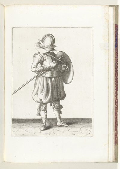 盾与矛的练习：士兵紧握矛与盾（第 15 号），1618 年
De Nassausche Wapen-Handelinge, van Schilt, Spies, Rappier ende Targe : beyde figuerlick afgebebeelt, ende gestelt na de neuwe ordening [van] (...) Maurit 作者 亚当·范·布雷恩