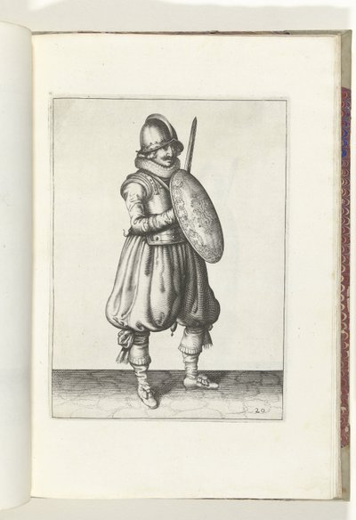 盾与矛的练习：胸前持剑与盾的士兵姿态（第 20 号），1618 年
De Nassausche Wapen-Handelinge, van Schilt, Spies, Rappier ende Targe : beyde figuerlick afgebebeelt, ende gestelt na de nieuwe ordening [van] （. 作者 亚当·范·布雷恩