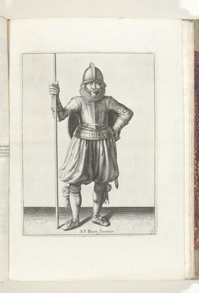 盾与矛的练习：手持长矛、背负盾牌的士兵在休息（第 1 号），1618 年
De Nassausche Wapen-Handelinge, van Schilt, Spies, Rappier ende Targe : beyde figuerlick afgebebeelt, ende gestelt na de newuwe ordening [van] ( 作者 亚当·范·布雷恩