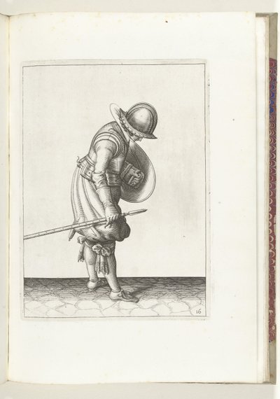 盾与矛的练习：士兵将矛放在右脚旁的地上（第 16 号），1618 年
De Nassausche Wapen-Handelinge, van Schilt, Spies, Rappier ende Targe : beyde figuerlick afgebebeelt, ende gestelt na de neuwe ordening [van] (...) M 作者 亚当·范·布雷恩