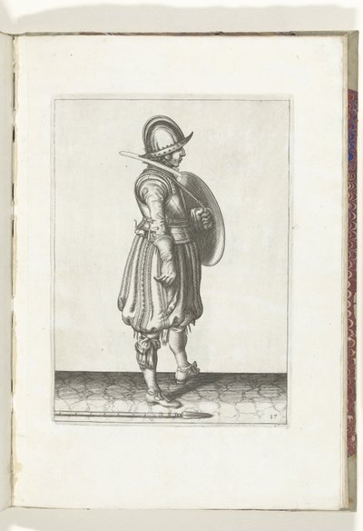 盾与矛的练习：士兵准备好盾牌，矛放在右脚旁的地上（编号 17），1618 年
De Nassausche Wapen-Handelinge, van Schilt, Spies, Rappier ende Targe : beyde figuerlick afgebebeelt, ende gestelt na de newwe or 作者 亚当·范·布雷恩