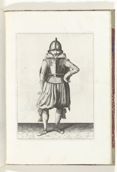盾与矛的练习：背着盾牌休息的士兵（第 27 号），1618 年
De Nassausche Wapen-Handelinge, van Schilt, Spies, Rappier ende Targe : beyde figuerlick afgebebeelt, ende gestelt na de neuwe ordening [van] (...) Maurits v 作者 亚当·范·布雷恩