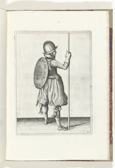 盾与矛的练习：士兵站立，矛放在右脚旁的地上（编号 30），1618 年
De Nassausche Wapen-Handelinge, van Schilt, Spies, Rappier ende Targe : beyde figuerlick afgebebeelt, ende gestelt na de neuwe ordening 作者 亚当·范·布雷恩