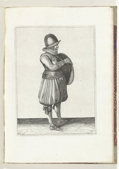 盾与矛的练习：士兵从盾带中抽出手臂（第 25 号），1618 年
De Nassausche Wapen-Handelinge, van Schilt, Spies, Rappier ende Targe : beyde figuerlick afgebebeelt, ende gestelt na de neuwe ordening [van] (...) Maurits 作者 亚当·范·布雷恩