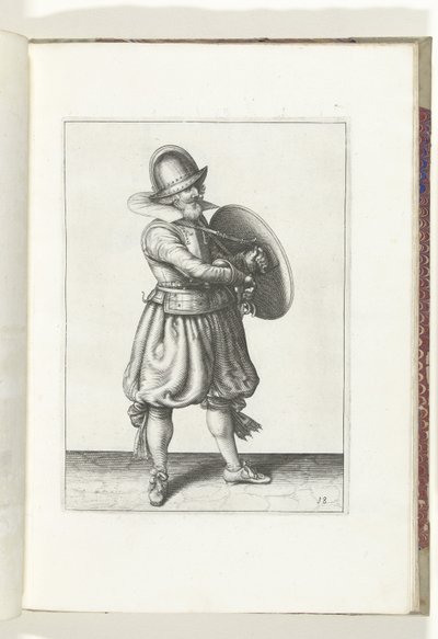 使用盾牌和长矛的练习：士兵从盾牌后拔出剑（第 18 号），1618 年
De Nassausche Wapen-Handelinge, van Schilt, Spies, Rappier ende Targe : beyde figuerlick afgebebeelt, ende gestelt na de neuwe ordening [van] (...) Maurits v 作者 亚当·范·布雷恩