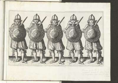盾与矛的练习：五名士兵并排站立，右手持剑，胸前持盾（编号 32），1618 年
De Nassausche Wapen-Handelinge, van Schilt, Spies, Rappier ende Targe : beyde figuerlick afgebebebeelt 作者 无名氏