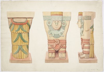 Caryatid II，外室，美洲虎上庙（A庙），墨西哥奇琴伊察（水彩） 作者 阿黛拉·布雷顿（Adela Breton）