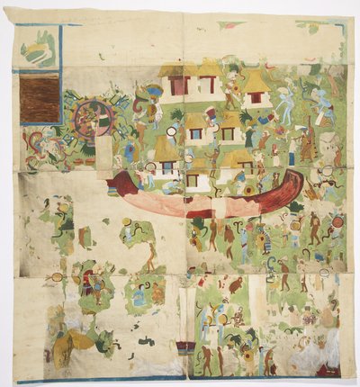 Painting of a mural from the north panel on the west wall, Temple A, Great Ball Court, Chichen Itza Yucatan, Mexico (photograph & watercolor) 作者 阿黛拉·布雷顿（Adela Breton）