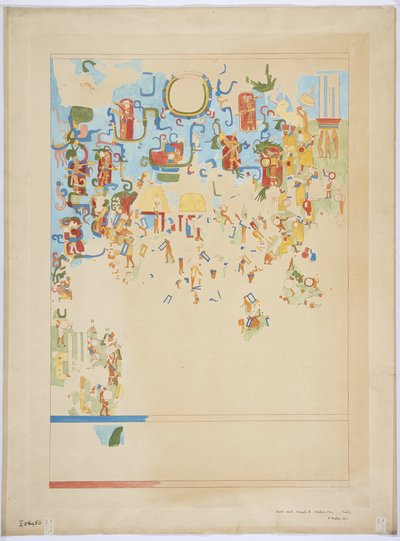 壁画的四分之一比例复制品，来自北壁，内室，美洲虎上殿，大球场，墨西哥奇琴伊察 作者 阿黛拉·布雷顿（Adela Breton）