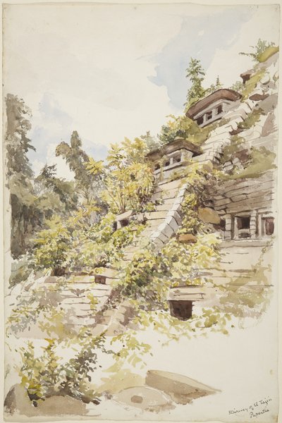 壁龛金字塔的楼梯，El Tajin，Papantla，墨西哥（水彩）。 作者 阿黛拉·布雷顿（Adela Breton）