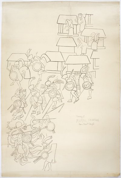 墨西哥奇琴伊察美洲虎上圣殿西墙壁画的描摹描摹（黑色墨水和石墨） 作者 阿黛拉·布雷顿（Adela Breton）